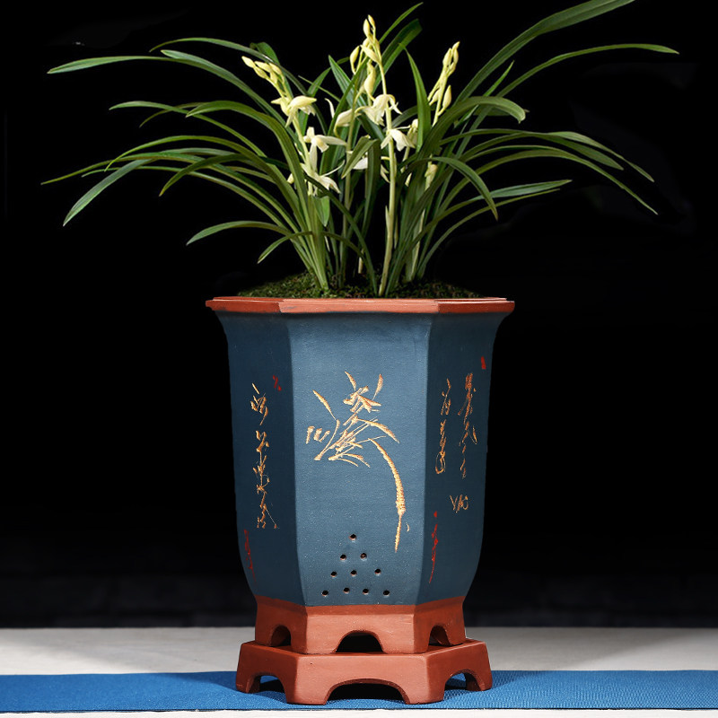 兰花盆紫砂花盆六方形简约室内阳台大号带孔特价陶瓷六角兰花花盆