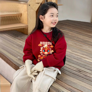 儿童卡通马图案红色卫衣女童加绒圆领上衣本命年男童新年保暖百搭