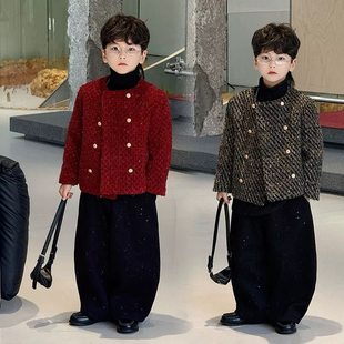 新年战袍男童过年衣服2026冬装小香风外套儿童红色炸街男孩时髦