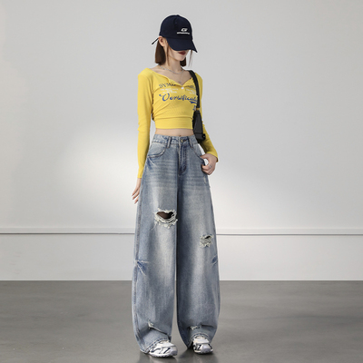 破洞复古宽松阔腿裤潮酷i春夏新款弯刀宽松牛仔裤女&长裤加长