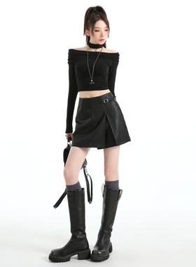 6709美式复古开叉裤裙女2025秋冬新款高腰a字PU皮短裤显瘦外穿短