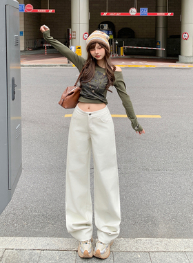 YC&美式复古低腰辣妹宽松直筒裤白色皮裤百搭显瘦休闲裤女