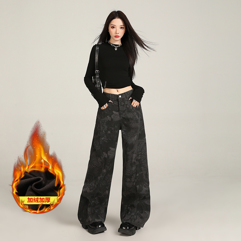 鑫宝源8813#秋冬加绒加厚辣妹风阔腿裤印花时尚阔腿女装休闲裤