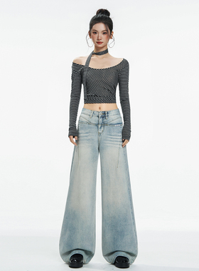 mali 玛莉&美式复古｜前开袋设计｜宽松阔腿牛仔裤女