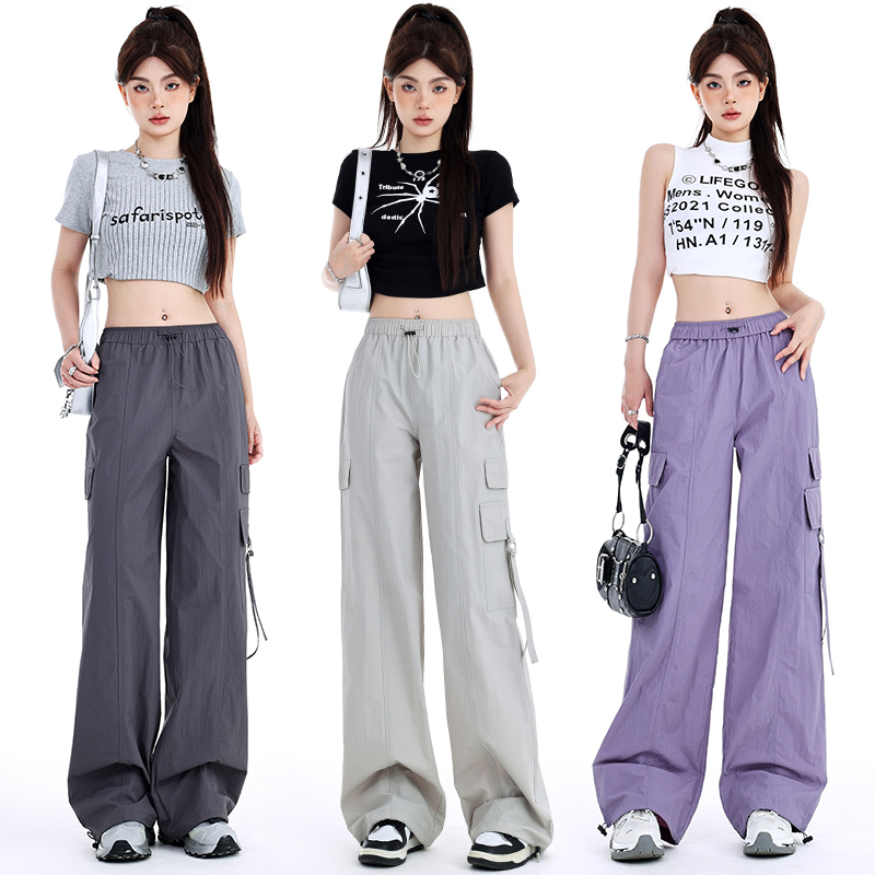 点赞261#杏绿色美式工装裤女港风宽松抽绳直筒阔腿束脚机能卫裤女