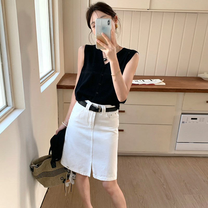 牛仔短裙女米白色高腰前开叉【赠送腰带】