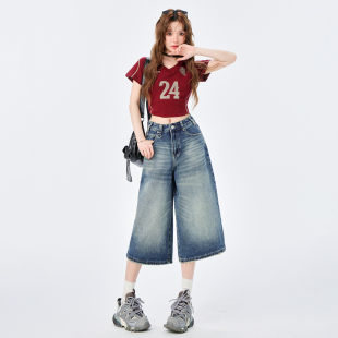 直筒宽松7分阔腿中裤 复古牛仔短裤 高腰2026年新款 女夏季 潮 七分裤