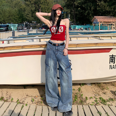 mali 玛莉&美式复古｜斜线分割设计｜阔腿牛仔工装裤女