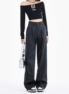 点赞P2#黑色皮裤女美德拉新款直筒显瘦休闲裤软PU皮宽松阔腿裤女