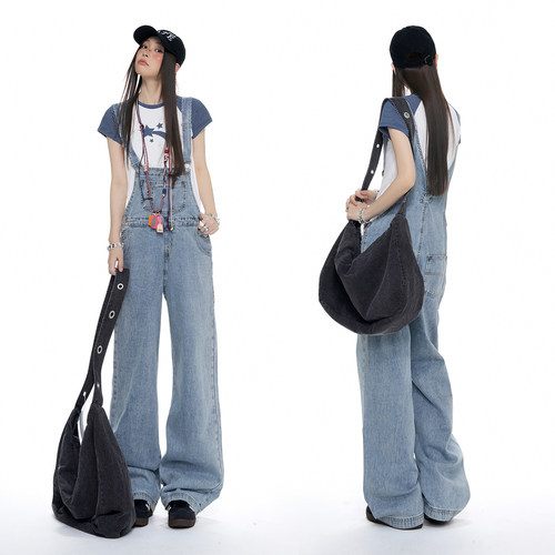 ｜XSD【新品】！2026夏季｜韩系阔腿背带裤高腰宽松减龄拖地牛仔