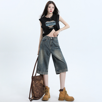 Mike&怀旧蓝牛仔六分阔腿裤女2026春季新款设计感倒装设计裤子