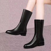 真皮中筒靴女2025冬季 圆头粗跟低跟短靴平底马丁靴子高端女靴 新款