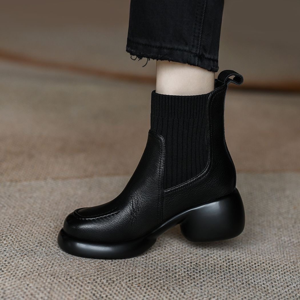 巨软羊皮复古小个子高跟弹力靴女法式真皮针织瘦瘦靴粗跟厚底短靴,女鞋,时装靴,淘宝优惠券,粉丝福利购,淘宝优惠卷