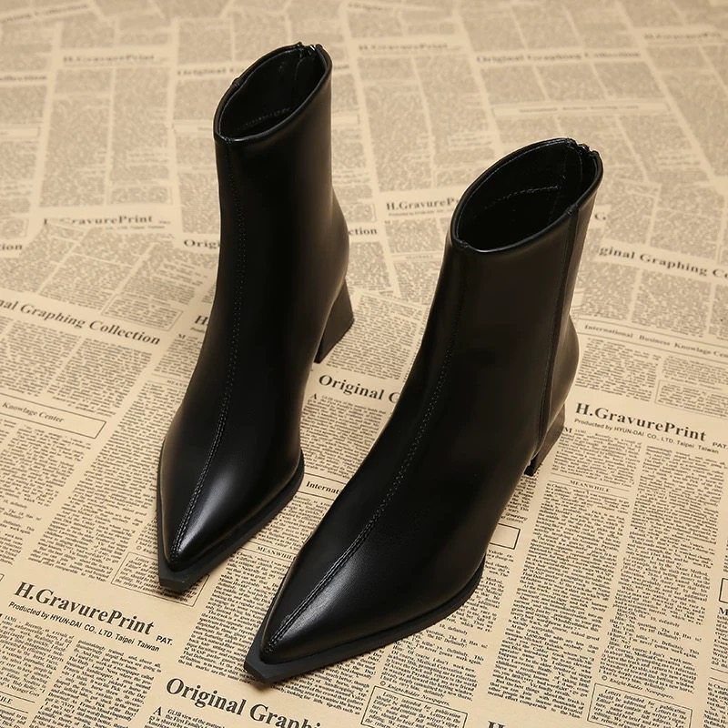 真皮尖头高跟短靴女2025年新款春秋单靴瘦瘦靴棕色粗跟秋冬靴子女,女鞋,时装靴,淘宝优惠券,粉丝福利购,淘宝优惠卷