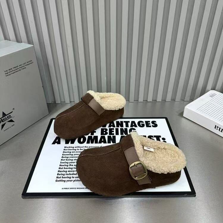 厚底内增高加绒勃肯鞋包头毛毛拖鞋女外穿2025新款秋冬博肯棉拖鞋