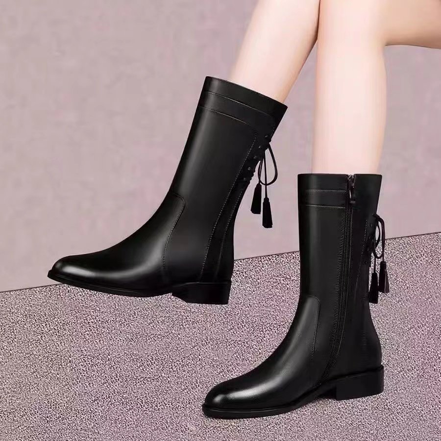 2025冬季新款真皮中筒靴女圆头粗跟低跟短靴平底马丁靴子高端女靴,女鞋,时装靴,淘宝优惠券,粉丝福利购,淘宝优惠卷