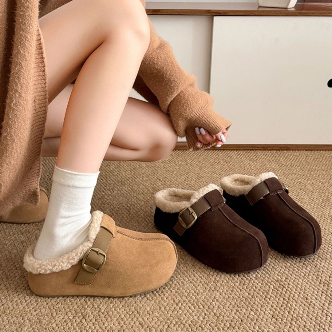 真皮羊羔毛毛鞋金属扣厚底松糕包头半拖鞋外穿鞋托懒人勃肯鞋女鞋