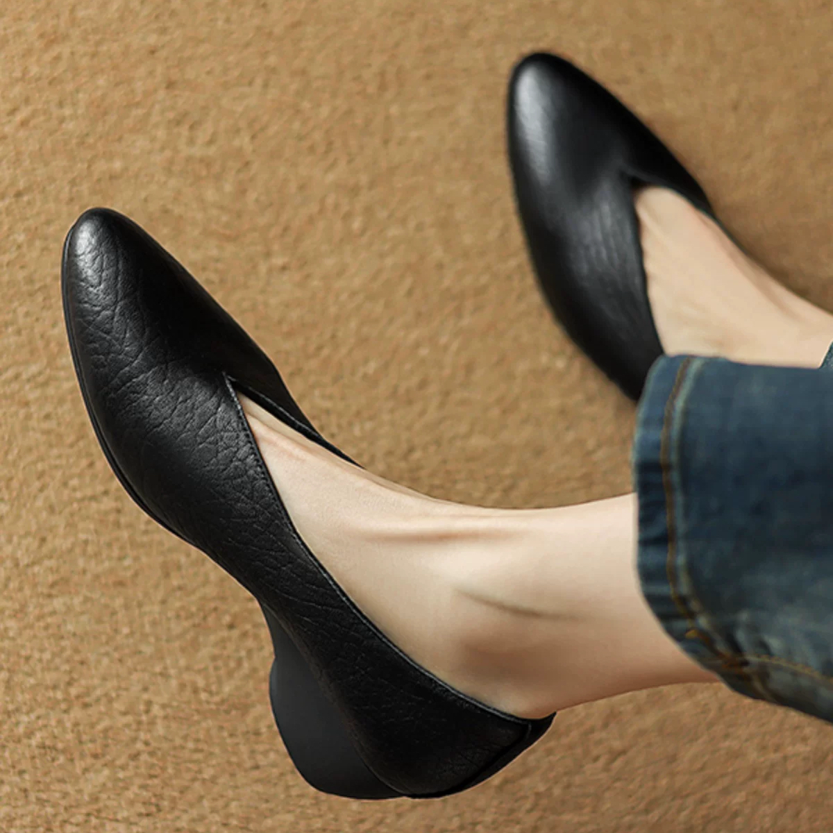 超软羊皮尖头一脚蹬中跟奶奶鞋女真皮V口坡跟单鞋黑色软底乐福鞋,女鞋,浅口单鞋,淘宝优惠券,粉丝福利购,淘宝优惠卷