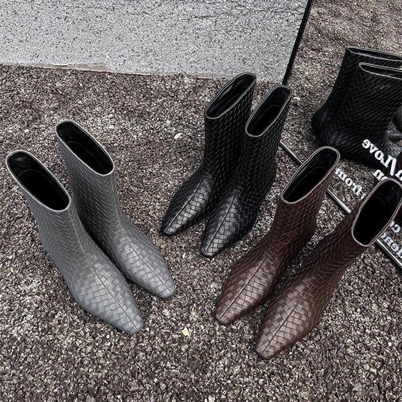 牛皮版~秋冬新款编织宽松套筒坡跟直筒中筒靴时尚百搭方头短靴女