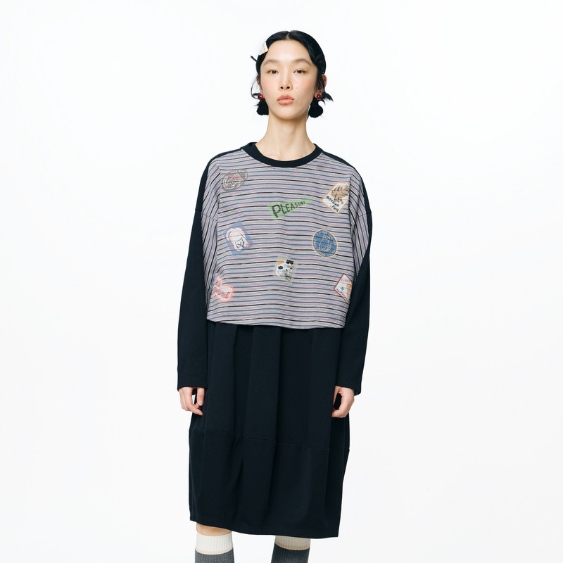 MOVEUP幻走2025秋季新款.FUN系列橡筋绳拼接条纹两件套针织连衣裙,女装/女士精品,连衣裙,淘宝优惠券,粉丝福利购,淘宝优惠卷