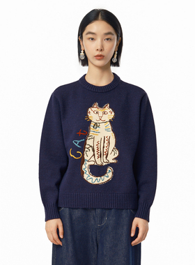 MOVEUP幻走2024冬季新款.FUN系列圆领小落肩绣花设计师短款毛衣女