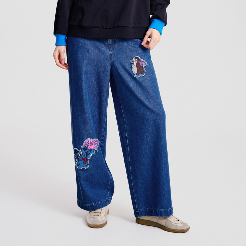 MOVEUP幻走2026春季新款.FUN系列后腰松紧趣味贴布绣牛仔直筒裤女,女装/女士精品,牛仔裤,淘宝优惠券,粉丝福利购,淘宝优惠卷