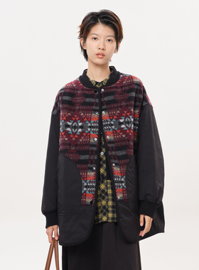 MOVEUP幻走2025冬季新款.FUN系列棒球领贴袋民族风中长款棉外套女