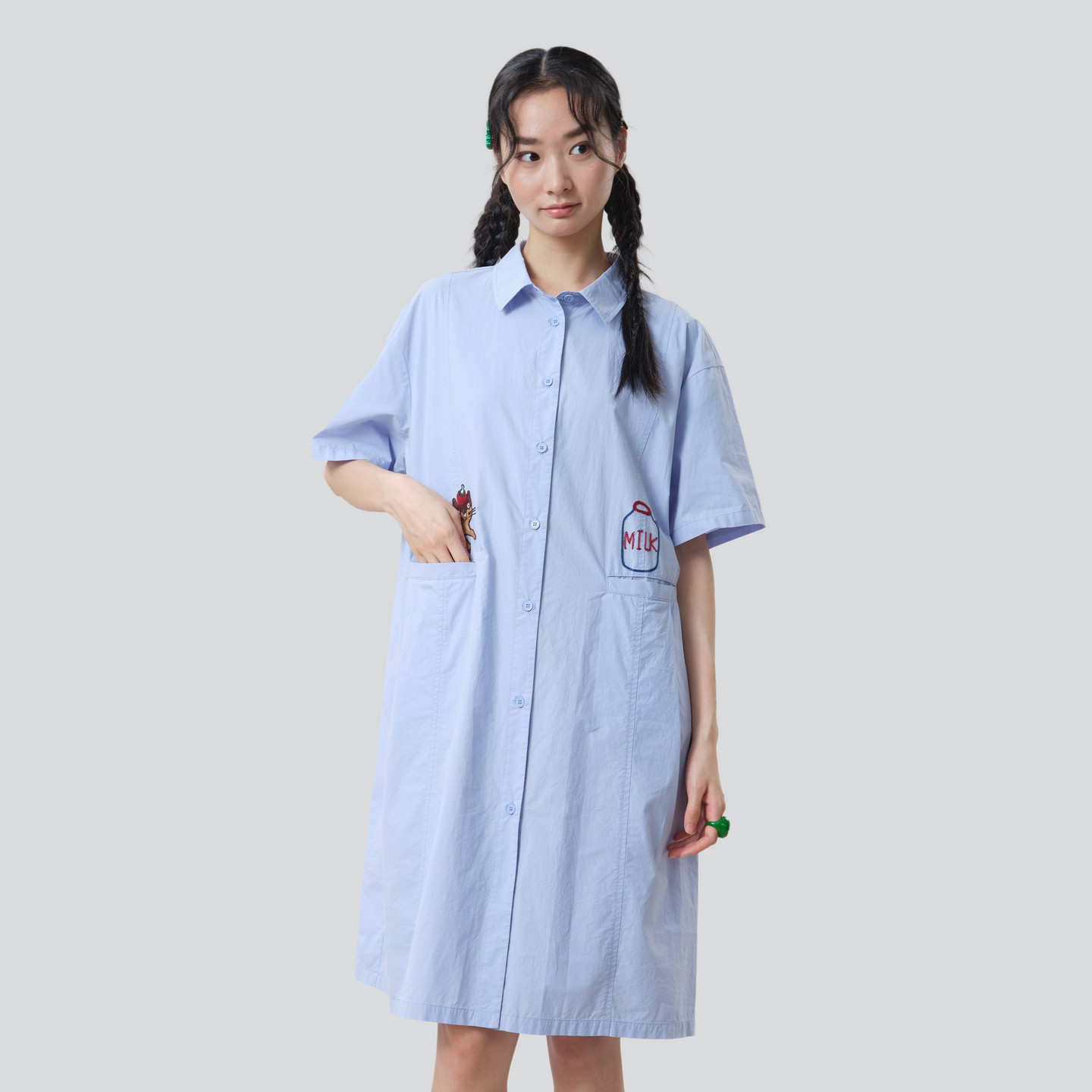 MOVEUP幻走2026夏季新款.FUN系列纯棉绣花腰节丈根宽松衬衫连衣裙