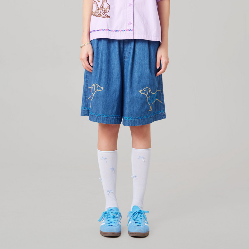 MOVEUP幻走2026夏季新款.FUN系列纯棉松紧腰口袋绣花牛仔短裤女