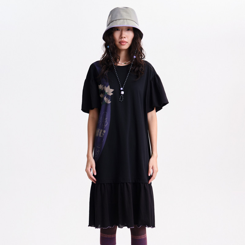 MOVEUP幻走2026春季新款.FUN系列圆领泡泡袖包包印花针织连衣裙