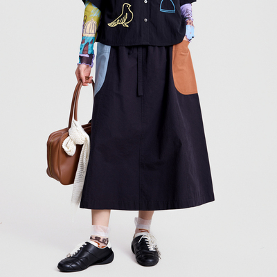 MOVEUP幻走2026春季新款.FUN系列纯棉松紧腰撞色大贴袋复古半身裙