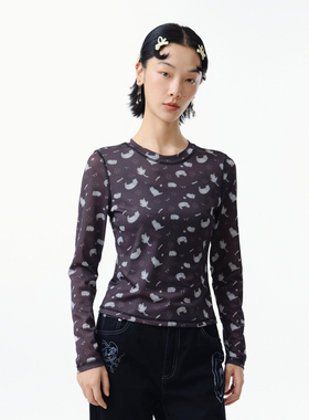 MOVEUP幻走2025春季新款.FUN系列圆领猫咪印花设计师短款T恤女