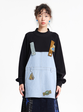 MOVEUP幻走2025冬季新款.FUN系列撞色背带绣花加绒中长款卫衣女