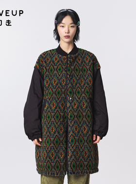 MOVEUP幻走2024秋冬棒球领撞布拼接黑色休闲宽松中长款外套女加厚