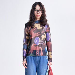 MOVEUP幻走2026春季新款.FUN系列立领印花轻薄打底网纱短款T恤女