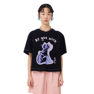 T恤女 .FUN系列纯棉圆领撞色线印花短款 MOVEUP幻走2025夏季 新款