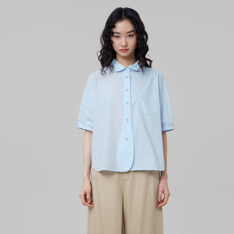 MOVEUP幻走2026夏季新款短袖纯棉娃娃领泡泡袖绣花短款衬衫女轻薄