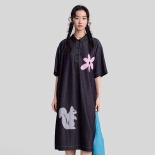 MOVEUP幻走2026春季 .FUN系列翻领趣味贴布绣口袋梭织连衣裙 新款