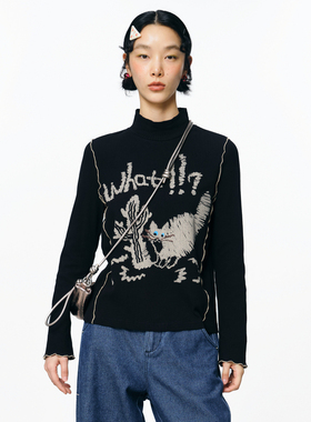 MOVEUP幻走2025秋季新款.FUN系列半高领印花打密边短款长袖T恤女