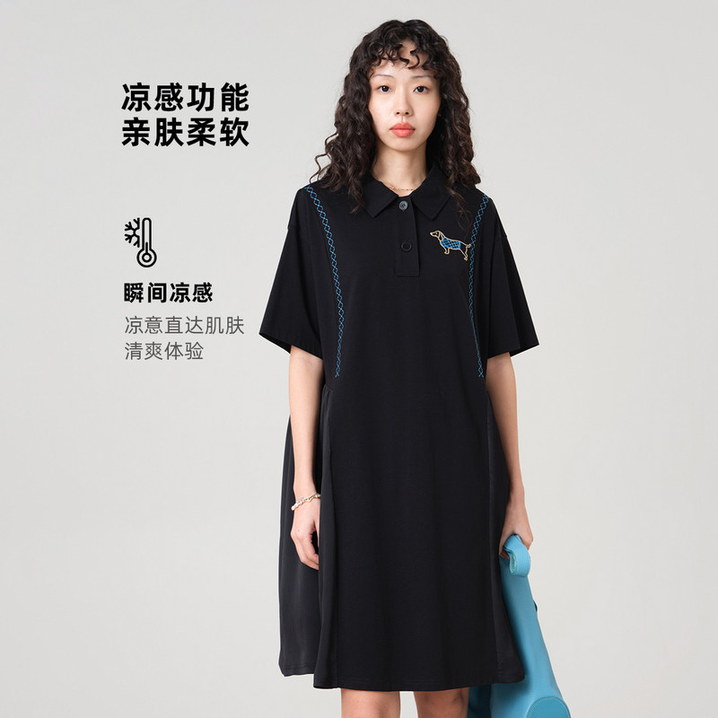 MOVEUP幻走2026夏季新款.FUN系列宽松翻领绣花拼接凉感针织连衣裙