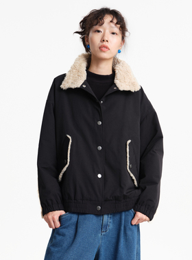 MOVEUP幻走2025冬季新款.FUN系列立领口袋毛绒撞布短款棉外套女