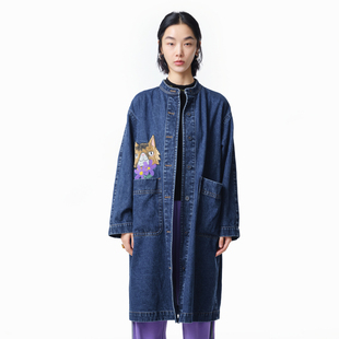 立领宽松牛仔外套女 纯棉贴布绣花中长款 MOVEUP幻走2025春季 新款