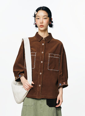 MOVEUP幻走2025秋季新款.FUN系列纯棉绣花复古灯芯绒短款衬衫女