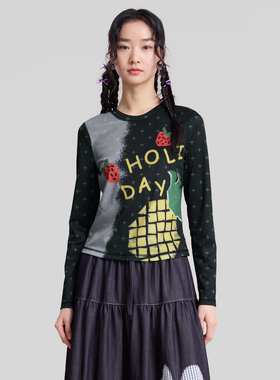 MOVEUP幻走2026春季新款.FUN系列圆领多巴胺印花修身短款T恤女