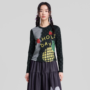 MOVEUP幻走2026春季新款.FUN系列圆领多巴胺印花修身短款T恤女