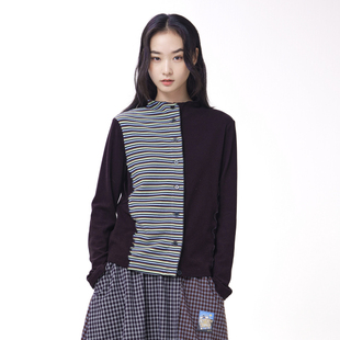 MOVEUP幻走2026冬季新款.FUN系列小立领不对称条纹密边短款T恤女