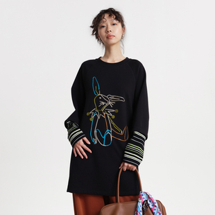 中长款 MOVEUP幻走2025冬季 绣花条纹袖 .FUN系列插肩袖 T恤女 新款