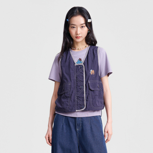 MOVEUP幻走2026春季新款.FUN系列V领绣花贴袋纽扣拉链短款马夹女