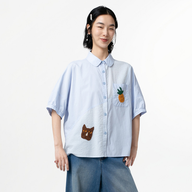 MOVEUP幻走2025夏季新款.FUN系列纯棉趣味绣花碎褶短款衬衫女
