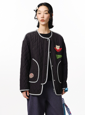 MOVEUP幻走2025秋冬季新款.FUN系列绣花章仔轻薄中长款棉衣外套女